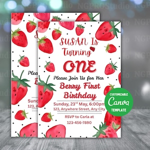 Berry 1st birthday invitation, berry first birthday, strawberry digital invite, Berry Mobile Invite, Birthday Invitation, Canva Editable