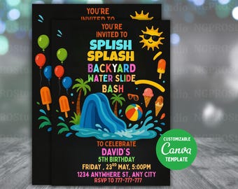 Editable Waterslide Birthday Invitation, Water Slide Invitation, Boy Girl Splash Party Invite, Water Slide Bash, Canva Invitation Template