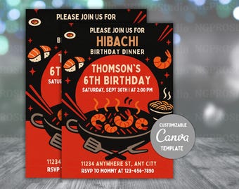 Editable Hibachi Birthday Dinner Invitation, Hibachi Dinner Party Invite, Hibachi Birthday Invitation, Asian Themed Party Canva Template DIY