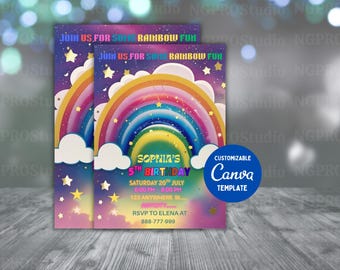 Rainbow Birthday Invitation, clouds and Rainbow Birthday Invitation Template printable, Magic rainbow invitation digitally editable in canva