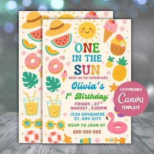 Editable One In The Sun 1st Birthday Party Invitation, Tropical Summer Splish Splash Girly 1st Birthday Party, Pool Party Instant Download