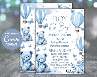 Editable Teddy Bear Hot Air Balloon Bear Theme Baby Shower Invitation We Can Bearly Wait Invites Template Instant Download