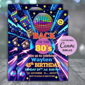 Faire-part d'anniversaire modifiable des années 80, fête d'anniversaire des années 80, invitation d'anniversaire des années 80, invitation de fête des années 80, retour des années 80, invitation d'anniversaire néon, toile