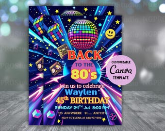 Editable 80's Birthday Invitation, 80's Birthday Party, 80's Birthday Invite, 80's Party Invite, Back to 80's, Neon Birthday Invite, Canva
