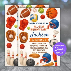 Bewerkbare sport verjaardagsfeestje uitnodiging honkbal basketbal voetbal afdrukbare sport thema sjabloon All Star Sports partij digitale uitnodiging