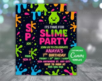 May include: A vibrant invitation for a slime party, featuring a dark blue background with colorful splatters and text. The invitation includes details for Anaya's 7th birthday, with a customizable Canva template option.