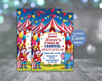 Faire-part d'anniversaire carnaval, fête d'anniversaire carnaval, Faire-part carnaval, Faire-part d'anniversaire cirque, téléchargement immédiat, toile modifiable