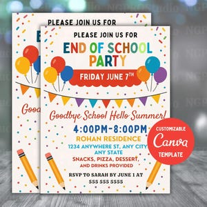 Plantilla editable de invitación para fiesta de fin de curso, invitación imprimible en Canva, invitación personalizable para celebración de graduación, descarga digital