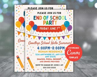 Editable End of School Year Party Invitation Template, Printable Canva Invite, Customizable Graduation Celebration Invite, Digital Download