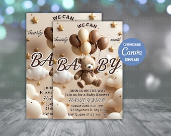 Bär-Babyparty-Einladung, blauer Junge Boho-Bär-Babyparty, wir können Bärenwart-Einladung, blauer Bär einladen für Jungen, bearbeitbar in Canva