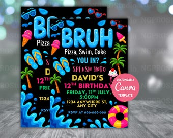 Editable Boys' Birthday Invite Template - Pool Party, Video Game Theme, DIY Canva, Digital Mobile Evite for Thirteen-Year-Olds
