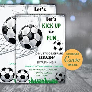 Editable Soccer Birthday Invitation Template, Football Invite, Kids Soccer Invite, Instant Download, Canva. Let's Kick it Soccer Invite