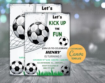 Plantilla editable de invitación de cumpleaños de fútbol, invitación de fútbol, invitación de fútbol infantil, descarga instantánea, Canva. Invitación de fútbol "Let's Kick it"