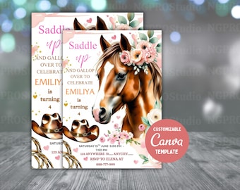 Editable Cowgirl Birthday Invitation Template, Girl Horse Birthday Invitation, Cowgirl Party Horse Invite, Pink Floral Birthday Invitation