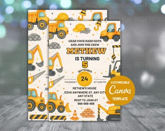 Construction Birthday Invitations, Construction Invitation, Dump Truck Party Invite, Printable Template, Outdoor Birthday Text Message