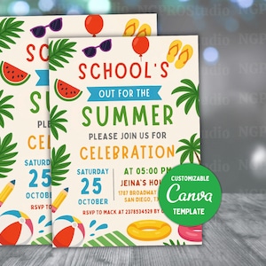 Editable End of School Party Schools Out Party Invitation, Summer Invitation, Printable Digital Invitation