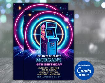 Arcade Invitation,Arcade Birthday Invitation,Arcade Party,Arcade Neon Game Invite,Instant Download,Printable,Editable,Canva Template