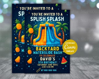 Waterslide Birthday Invitation, Boy Girl Splash Party Invite, Splash Birthday Evite, Water Slide Bash Modern Canva Template Boy Girl