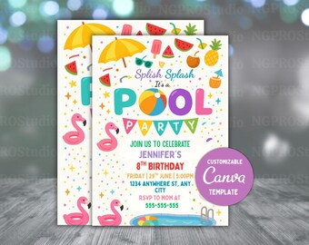 Pool Party Invitation Swim Party Invite Kids Swimming Party Editable Canva Template Instant Download kids Pool Birthday Celebration