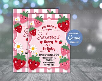 Berry First Birthday Invitation, Editable 1st Birthday Girl Invite, Strawberry First Birthday Girl Invitation, Pink and Red Berry First
