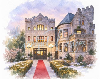 Stan Mansion Chicago Watercolor Illustration | Logan Square Castle Wedding Venue Art, Digital Download