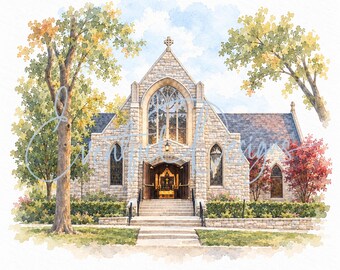 Grace Episcopal Church Hinsdale Watercolor Illustration | Illinois Stone Church Wedding Venue Art, Digital Download