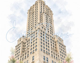 InterContinental Chicago Watercolor Illustration | Magnificent Mile Hotel Wedding Venue Art, Digital Download
