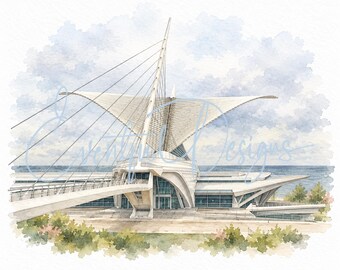 Milwaukee Art Museum Watercolor Illustration | Quadracci Pavilion Wedding Venue Art (Digital Download)