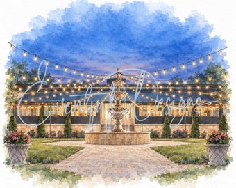 The Drake Oak Brook Watercolor Illustration | Illinois Hotel Courtyard Wedding Venue Art, Digital Download