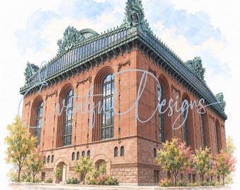 Harold Washington Library Chicago Watercolor Illustration | Downtown Loop Wedding Venue Art, Digital Download