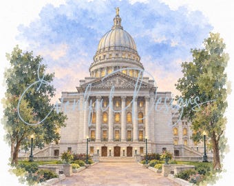 Wisconsin State Capitol Madison Watercolor Illustration | Wedding Landmark Art, Digital Download