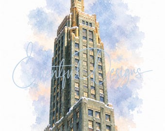 Pendry Chicago Watercolor Illustration | Carbide and Carbon Building Art Deco Wedding Venue Art, Digital Download