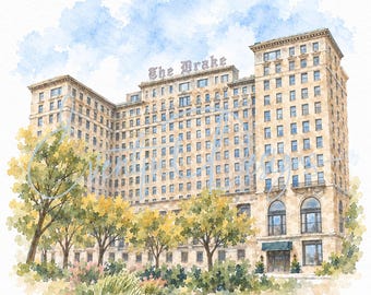 The Drake Hotel Chicago Watercolor Illustration | Michigan Avenue Gold Coast Wedding Venue Art, Digital Download