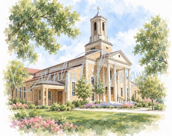 St. Isaac Jogues Church Hinsdale Watercolor Illustration | Illinois Catholic Wedding Venue Art, Digital Download