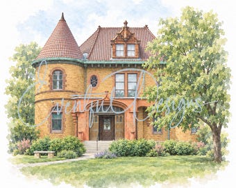 Dawes House Evanston Watercolor Illustration | Historic Mansion Wedding Venue Art, Digital Download