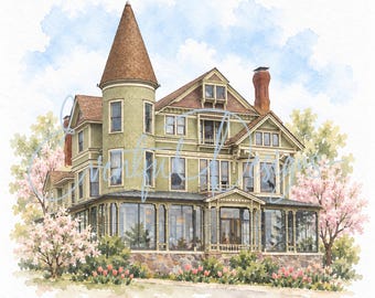 The Baker House Lake Geneva Watercolor Illustration | Victorian Lakefront Wedding Venue Art, Digital Download