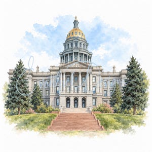 May include: A watercolor illustration of the Colorado State Capitol building featuring a prominent gold dome, neoclassical architecture with columns, and a wide set of stairs leading to the entrance, flanked by evergreen trees on a grassy hill.
