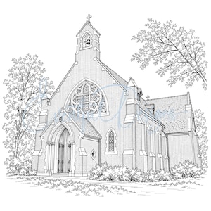 Puede incluir: Una ilustración en blanco y negro de una iglesia con un rosetón prominente, un campanario con una cruz en la cima y una entrada central arqueada. La estructura está rodeada de árboles y arbustos detallados.