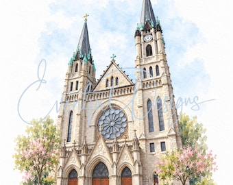 Church of the Gesu Milwaukee Watercolor Illustration | Marquette Catholic Wedding Venue Art, Digital Download
