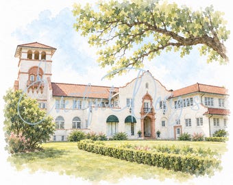Ravisloe Country Club Homewood Watercolor Illustration | Golf Club Wedding Venue Art, Digital Download