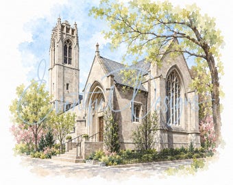 St. Chrysostom's Church Chicago Watercolor Illustration | Gold Coast Episcopal Wedding Venue Art, Digital Download