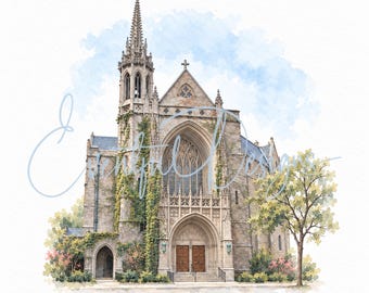 Fourth Presbyterian Church Chicago Watercolor Illustration | Michigan Avenue Wedding Venue Art, Digital Download
