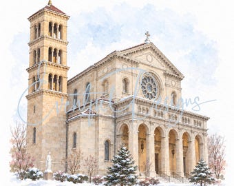 St. Mary of the Lake Chicago Watercolor Illustration | Uptown Catholic Wedding Church Art, Digital Download
