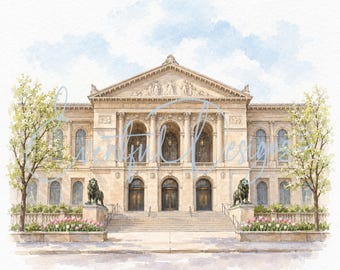 Art Institute of Chicago Watercolor Illustration | Michigan Avenue Lions Landmark Wedding Venue Art, Digital Download