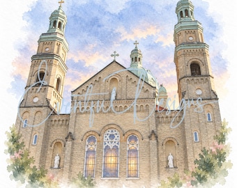 St. Mary of Perpetual Help Chicago Watercolor Illustration | Bridgeport Catholic Wedding Church Art, Digital Download