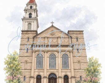 Our Lady of Sorrows Basilica Chicago Watercolor Illustration | Catholic Wedding Venue Art, Digital Download