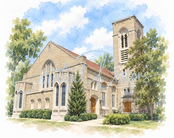 Union Church of Hinsdale Watercolor Illustration | Illinois Gothic Church Wedding Venue Art, Digital Download