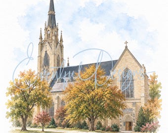 Basilica of the Sacred Heart Notre Dame Watercolor Illustration | Indiana Catholic Wedding Venue Art, Digital Download