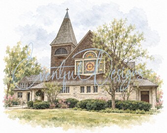 First Presbyterian Church Lake Forest Watercolor Illustration | North Shore Wedding Church Art, Digital Download