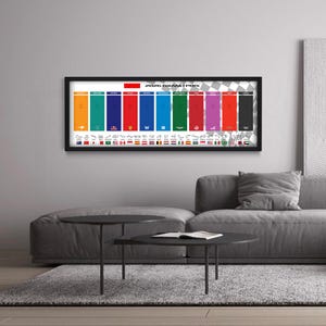 以下が含まれることがあります： 「2026 GRAND PRIX」の文字が書かれた額入りのプリント。カラフルな縦長の長方形が並び、それぞれがレースを表し、その下に国旗とコースレイアウトが描かれています。プリントは黒いフレームに入っています。